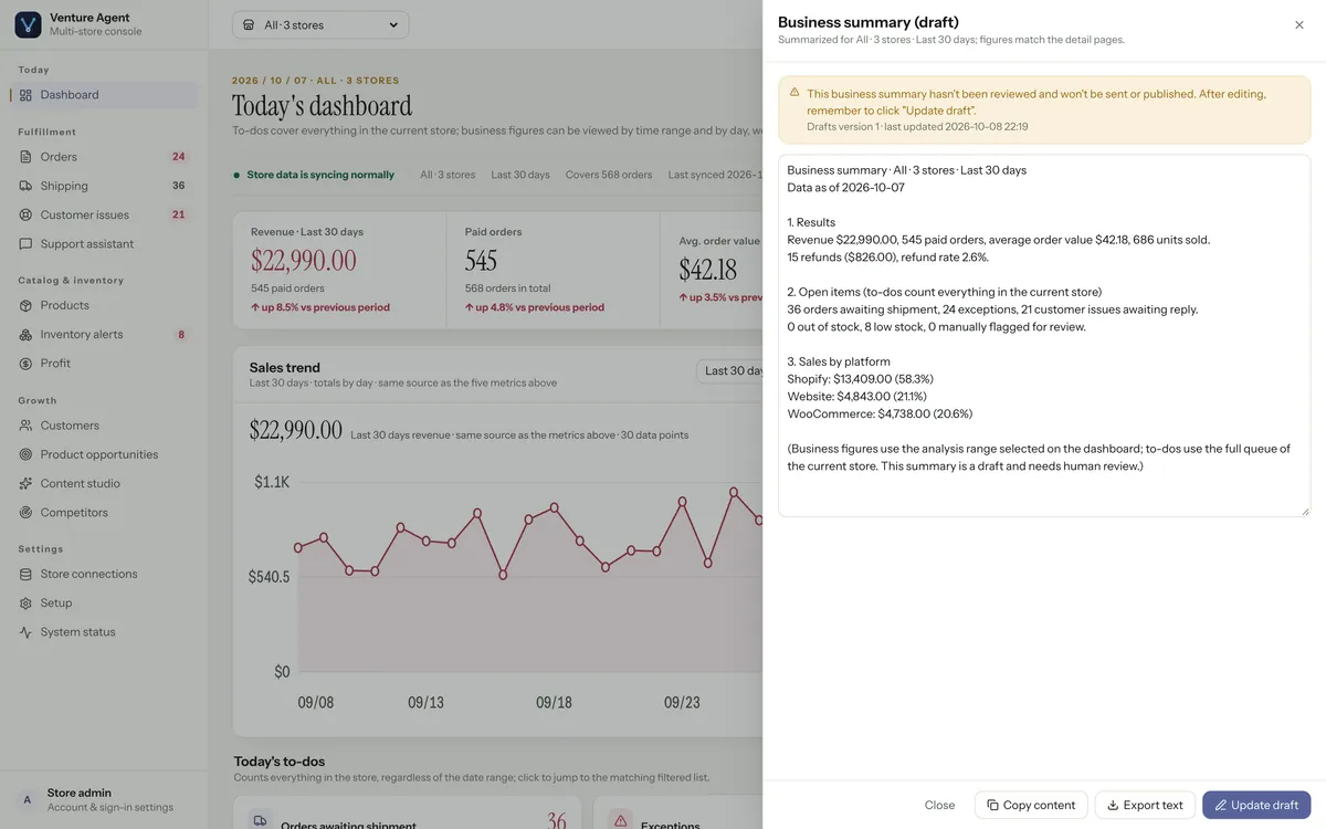 Venture Agent business summary draft with results, open items and sales by platform